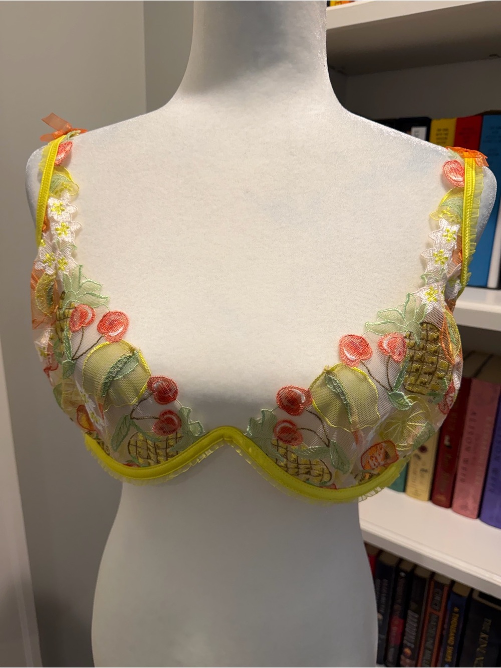 For Love & Lemons Yellow Floral Embroidered Underwire Bra with Pink Accents